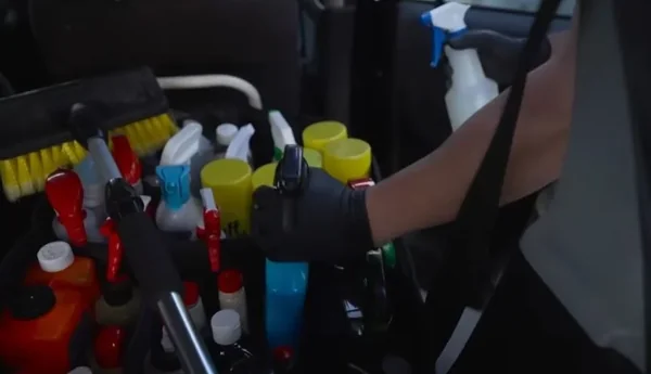 Detailing chemicals and equipment used to deliver a priced car detailing service in Oakland